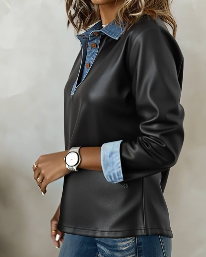 Top Casual Met Kraag Leer Patchwork