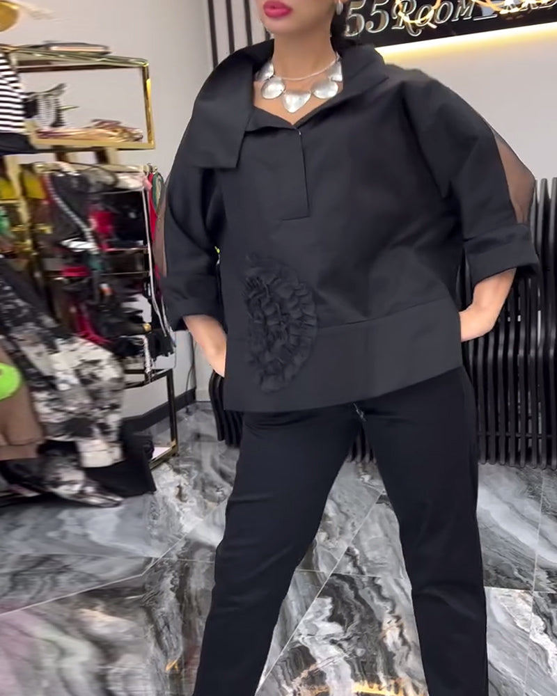 Revers kanten patchwork bloemenblouse