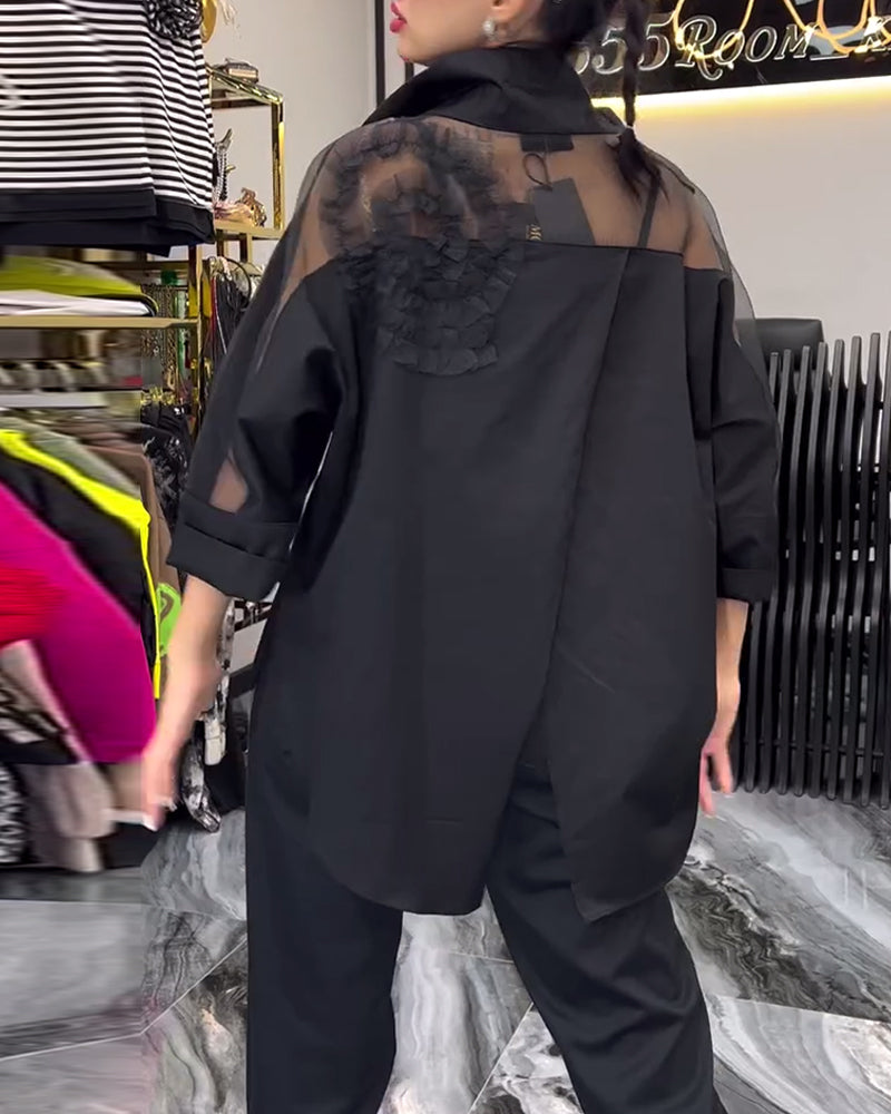 Revers kanten patchwork bloemenblouse