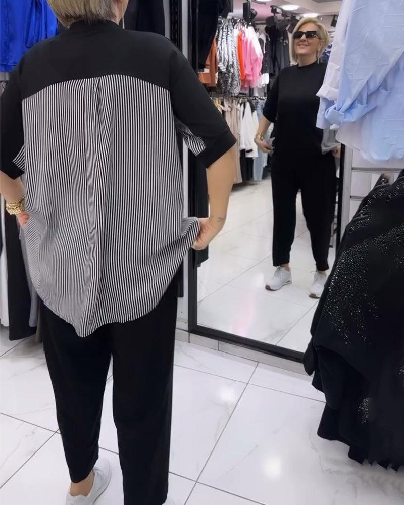 Casual blouse met patchwork en krijtstreep