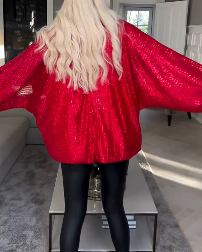 Top met ronde hals en ballonmouwen en pailletten