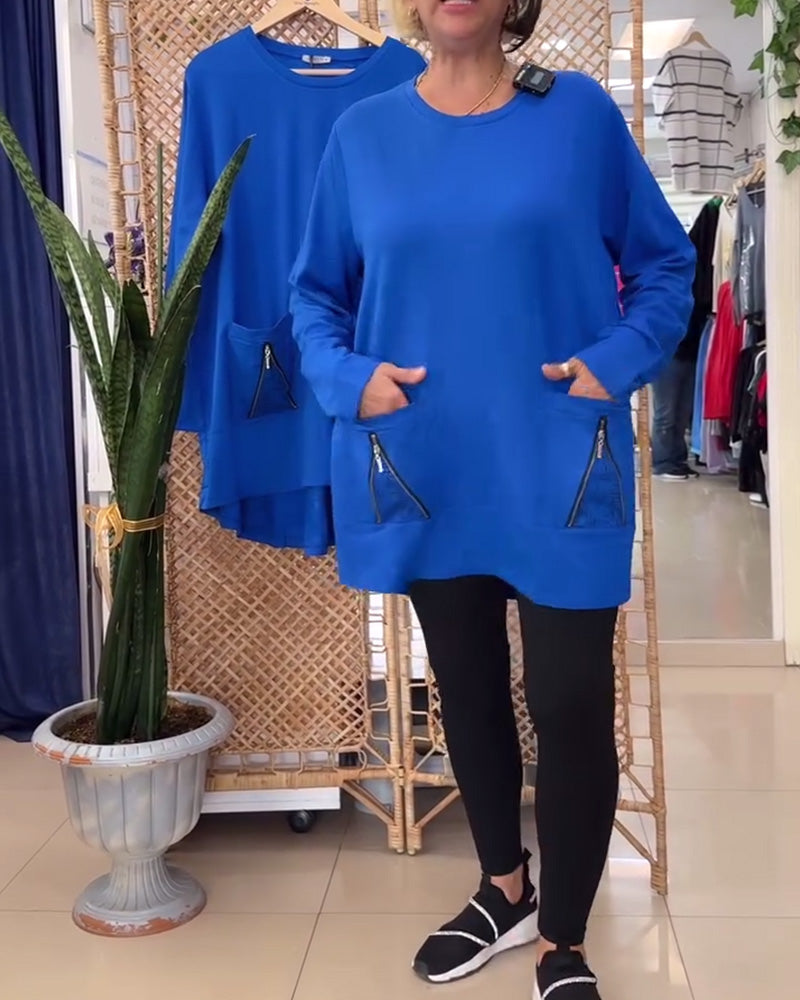 Sweatshirt ronde hals effen kleur ritszak