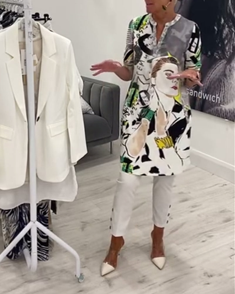 Casual lange top met knopen en karakterprint