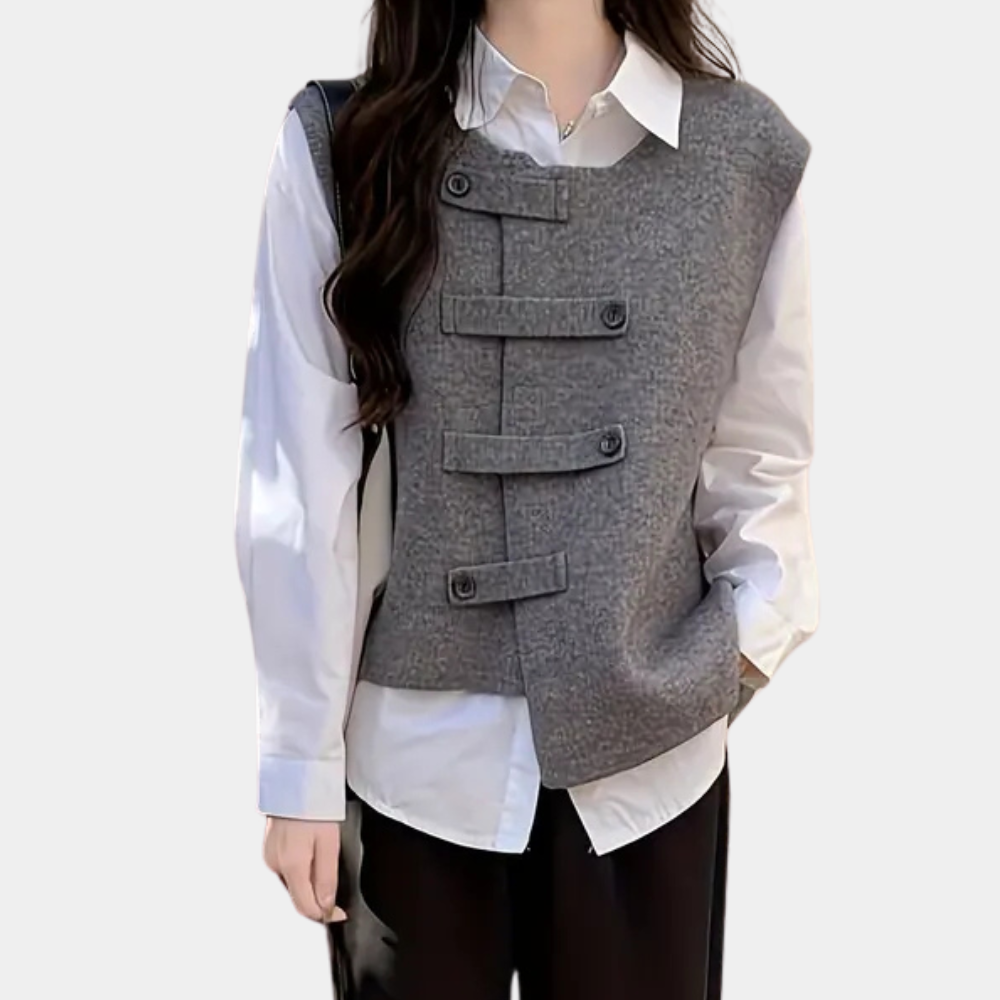 Gezellige dames waistcoat - stijlvolle grijze vest met unieke knopen