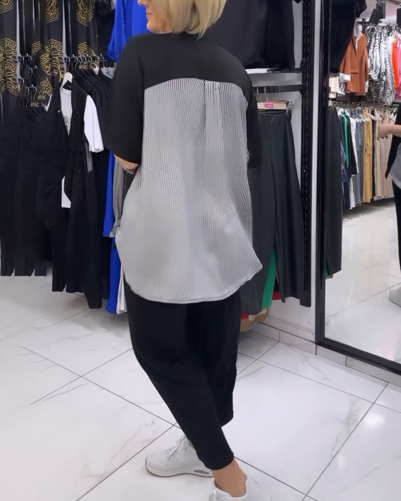 Casual blouse met patchwork en krijtstreep