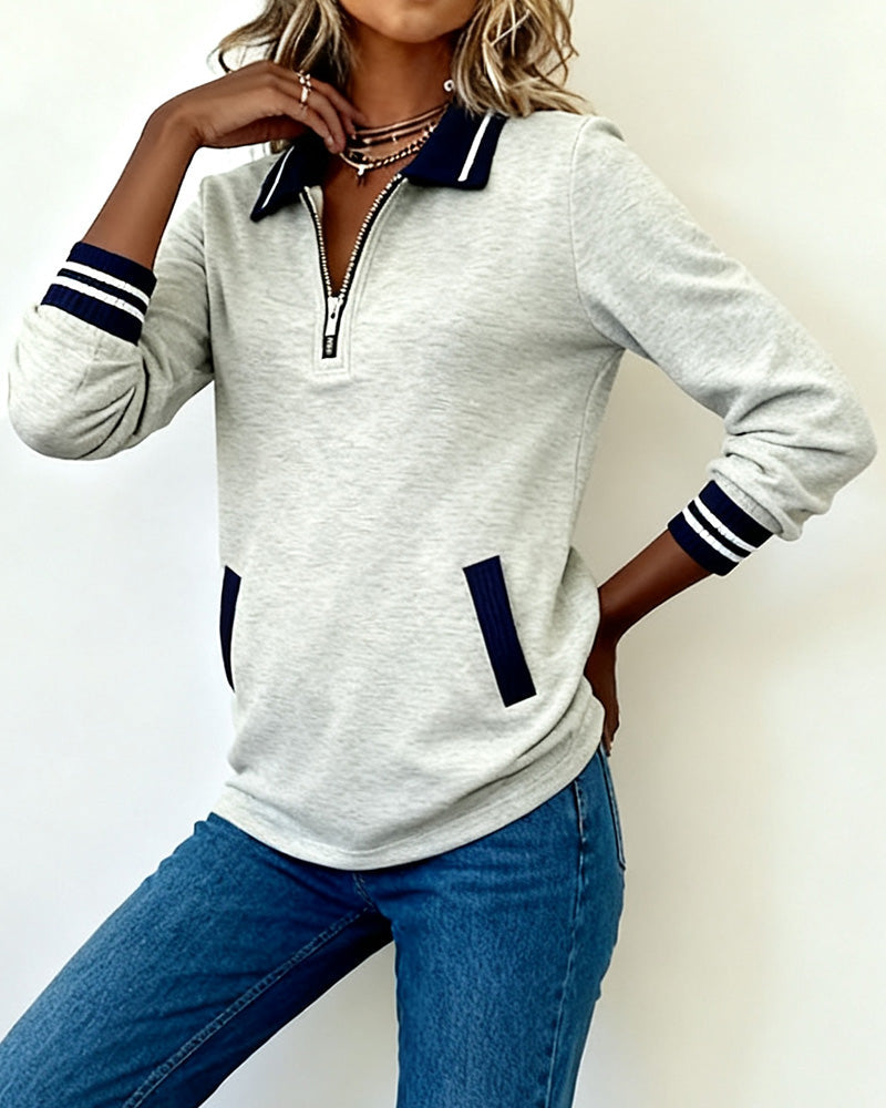 Oversized Sweatshirt Met Revers, Rits En Contrastkleur