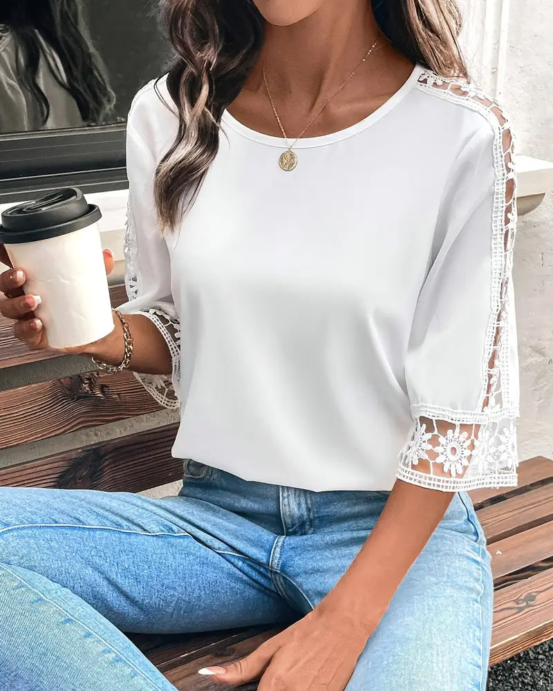 T-shirt Effen Kleur Hol Haak Patchwork