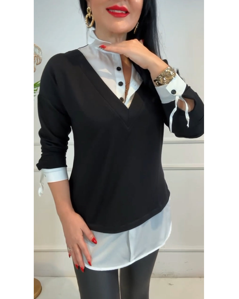 Top Zwart En Wit Patchwork Revers