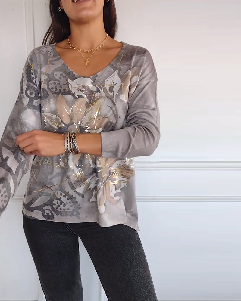 Vintage top met V-hals en lange mouwen met bloemenprint