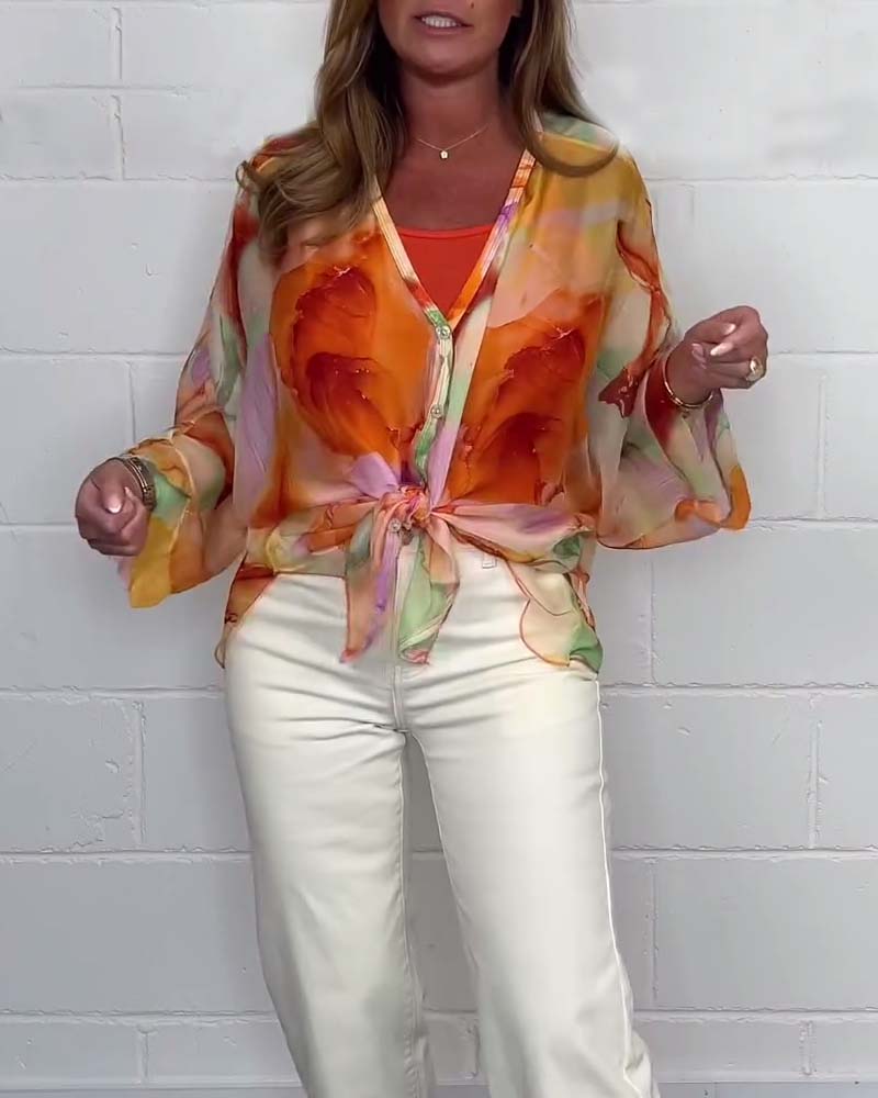 Casual blouse met V-hals en lange mouwen met print