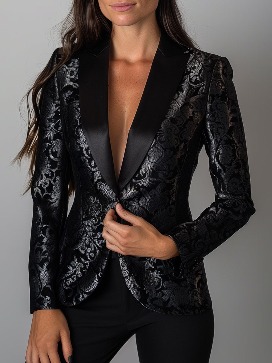 Luxe zwarte en zilveren bloemen jacquard blazer - elegante avondjas voor dames